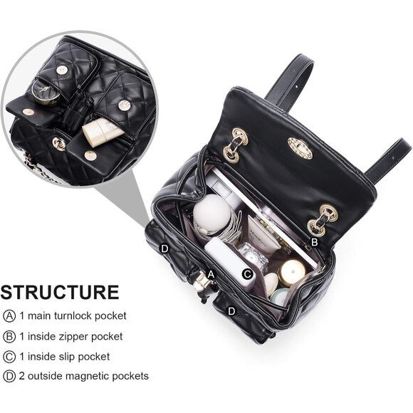 Women’s Small Vegan Leather Quilted Convertible Backpack Purse Black - Picture 4 of 6